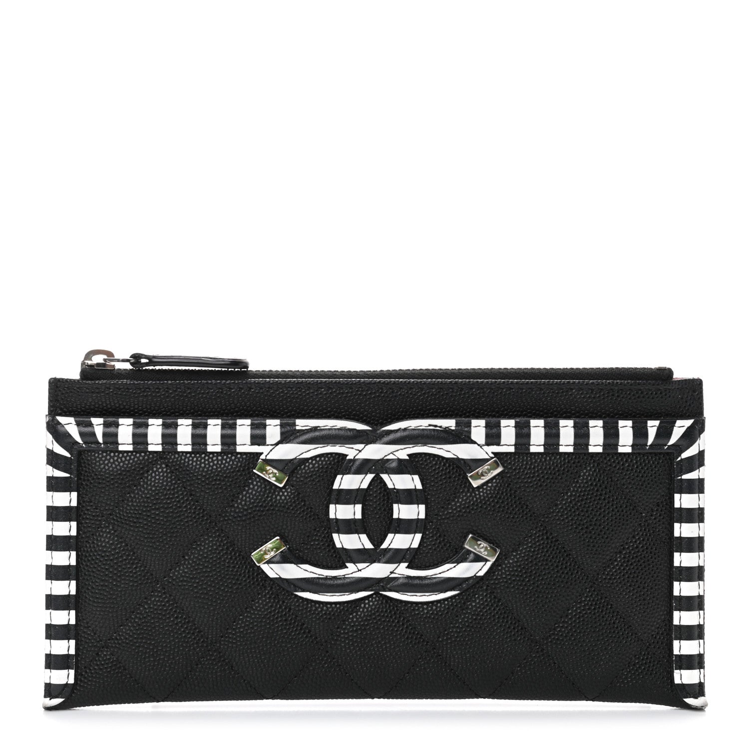 Chanel Caviar Quilted Stripe Filigree Zip Pouch Black White 1 of 8