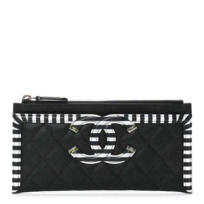 Chanel Caviar Quilted Stripe Filigree Zip Pouch Black White 1 of 8