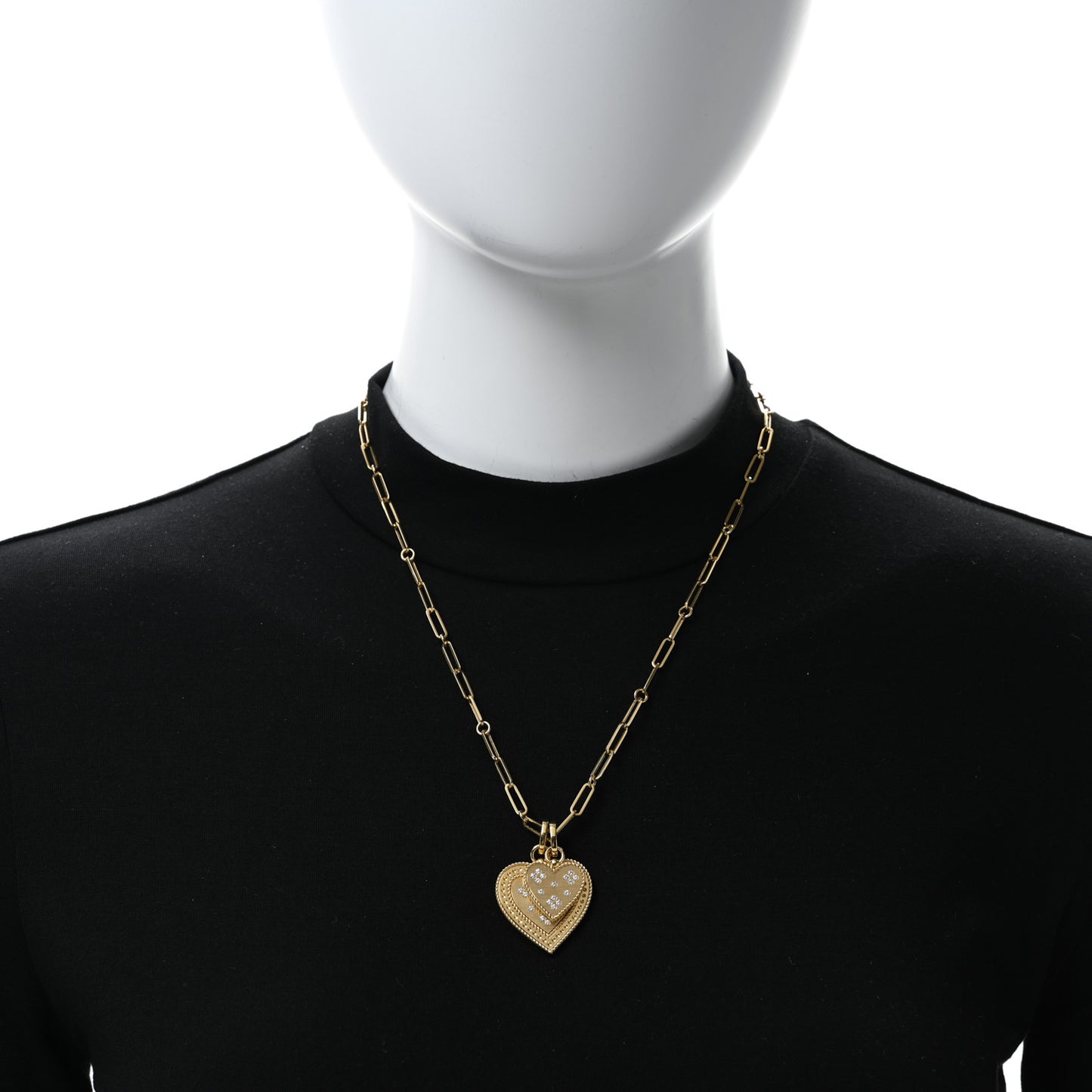 18K Yellow Gold Diamond Venetian Princess Two Heart Medallion Charm Necklace