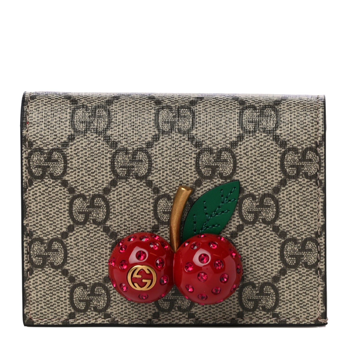 GG Supreme Monogram Cherry Embellished Card Case Wallet Hibiscus Red
