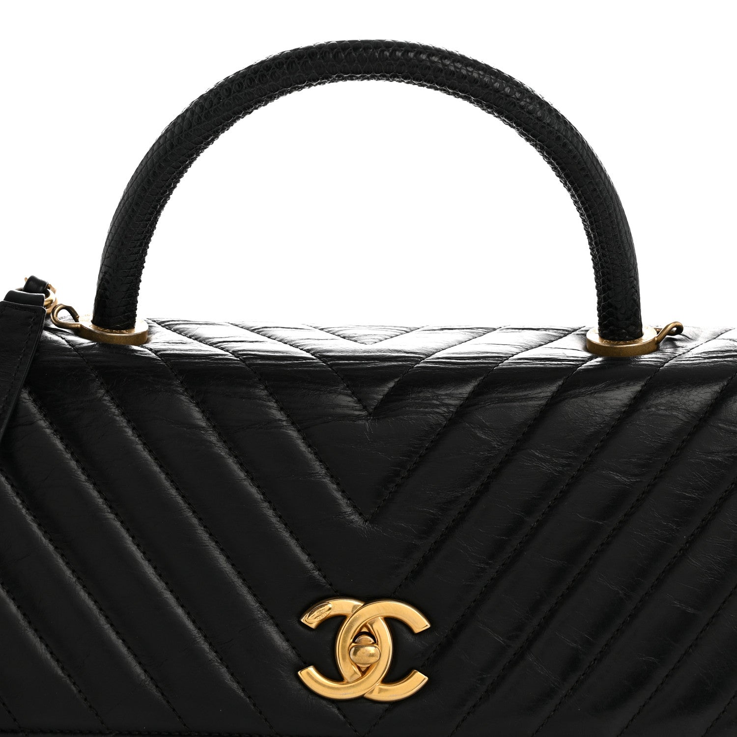 Chanel Calfskin Lizard Chevron Quilted Medium Coco Handle Flap