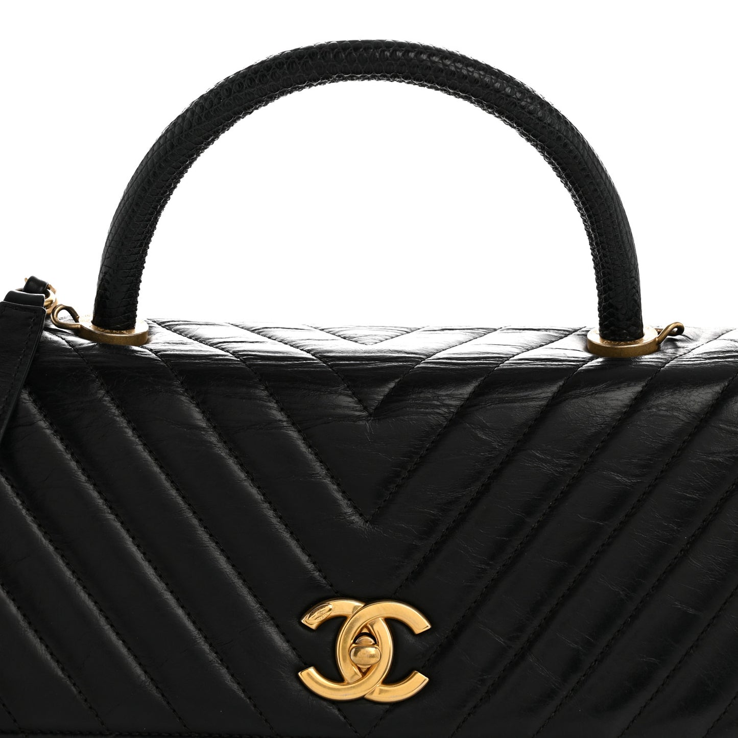 Calfskin Lizard Chevron Quilted Medium Coco Handle Flap Black