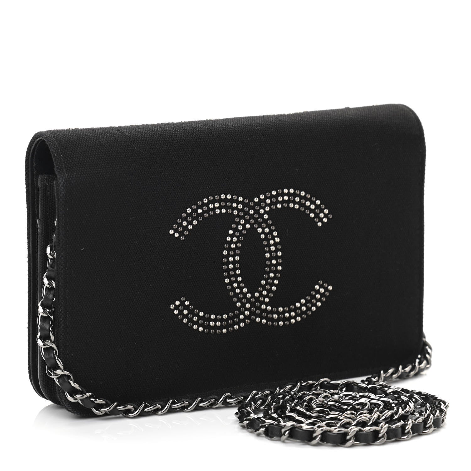 Chanel Canvas Studded CC Wallet On Chain WOC Black 3 of 11