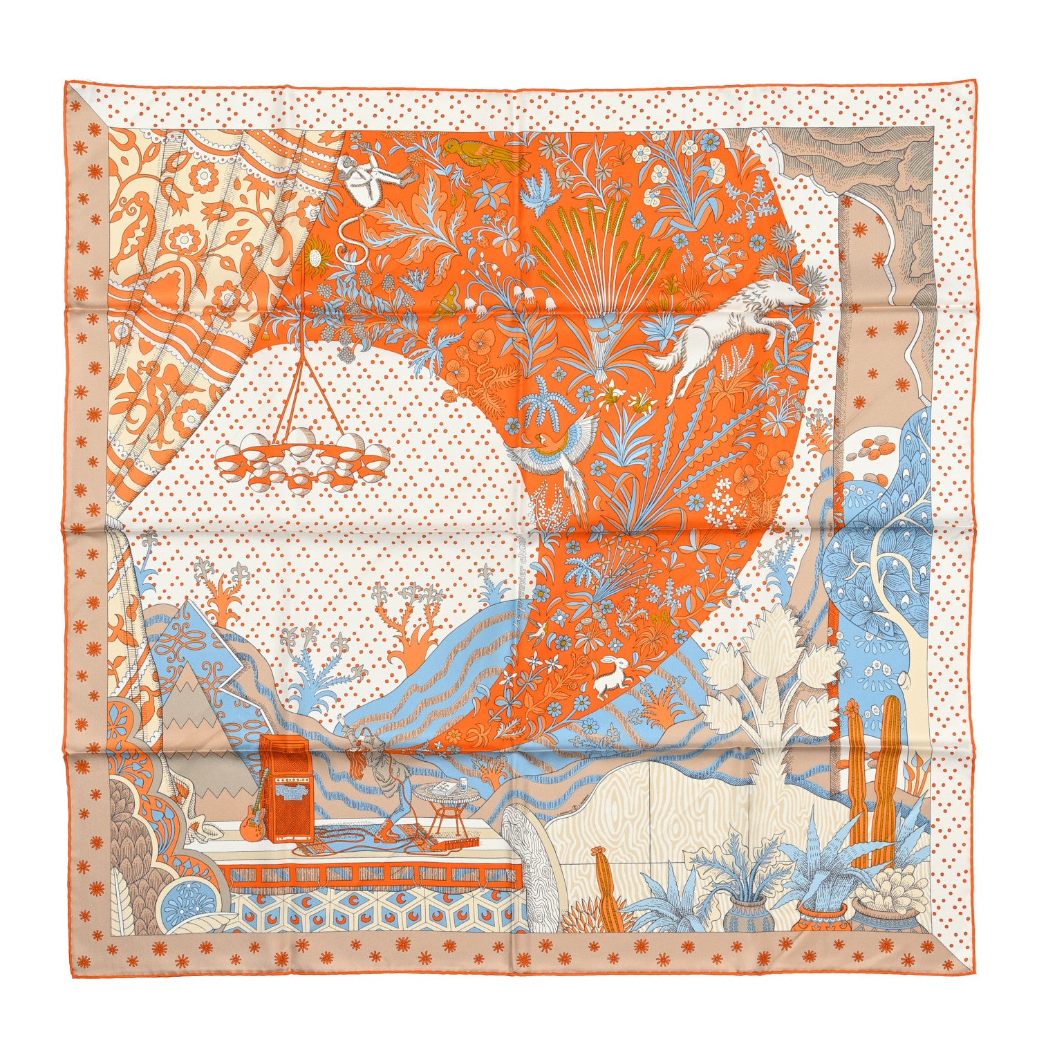 Hermes Silk Le Premier Chant Scarf 90 Orange White Bleu 1 of 5