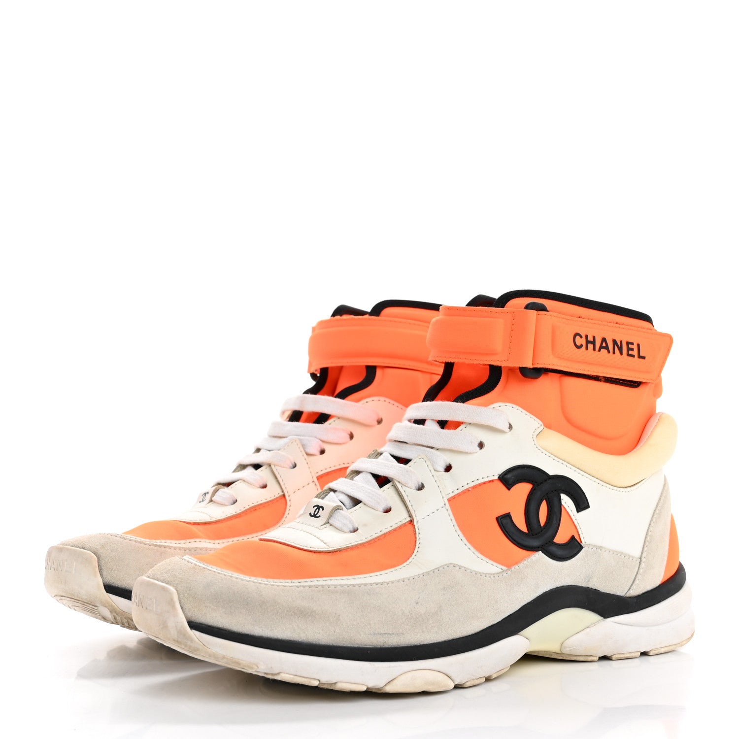 Chanel Suede Calfskin Lambskin Neoprene High Top CC Sneakers 40 White Fluo Orange 4 of 10