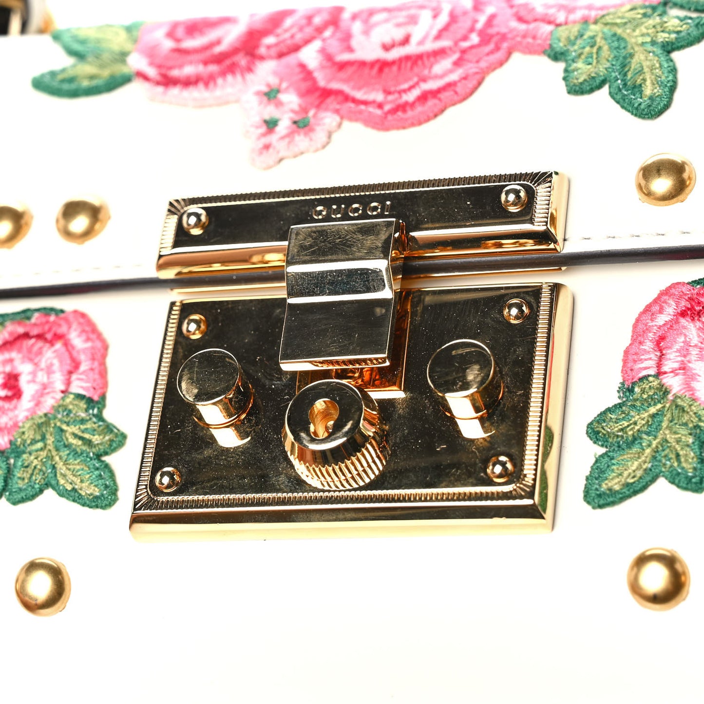 Calfskin Floral Embroidered Small Padlock Shoulder Bag White