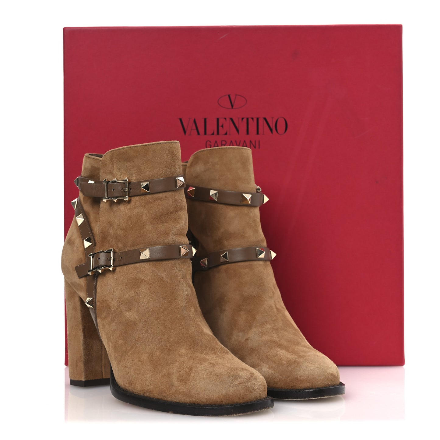 Suede Rockstud Double Buckle 100mm Block Heel Ankle Boots 36.5 Nocciola