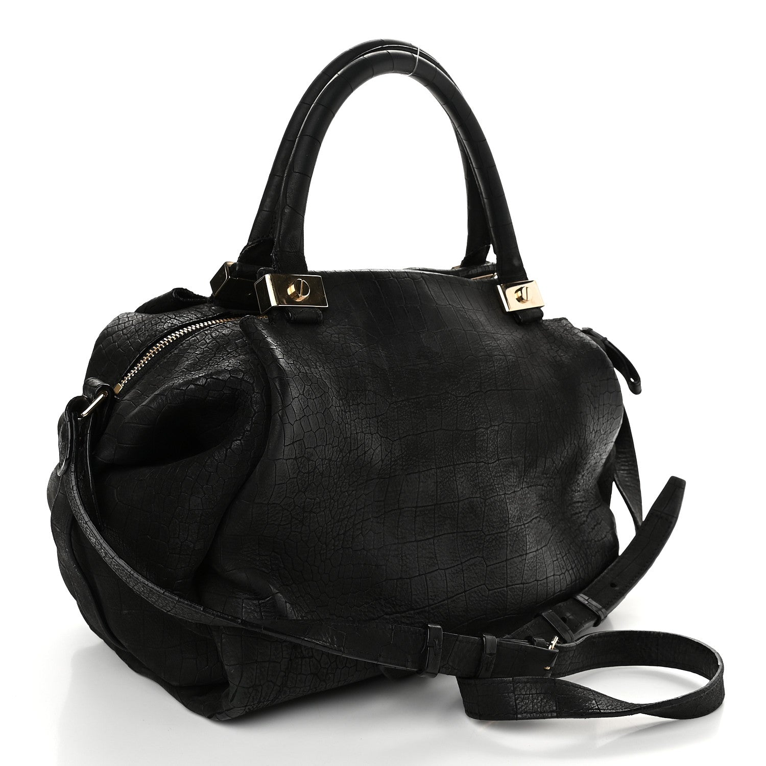 Lanvin Crocodile Stamped Calfskin Trilogy Bowling Bag Black 3 of 12