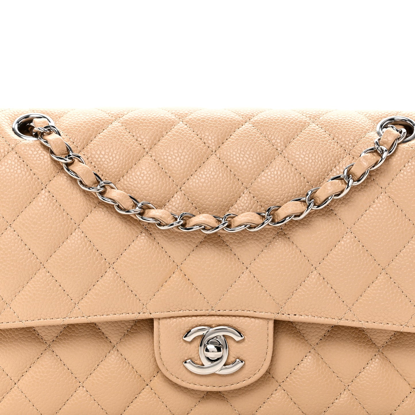 Caviar Quilted Medium Double Flap Beige