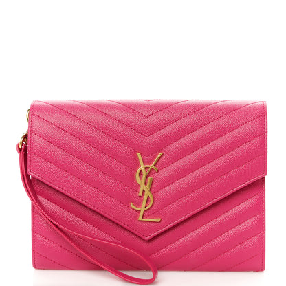 Saint Laurent Grain De Poudre Matelasse Chevron Monogram Envelope Clutch Fuxia Couture 1 of 7