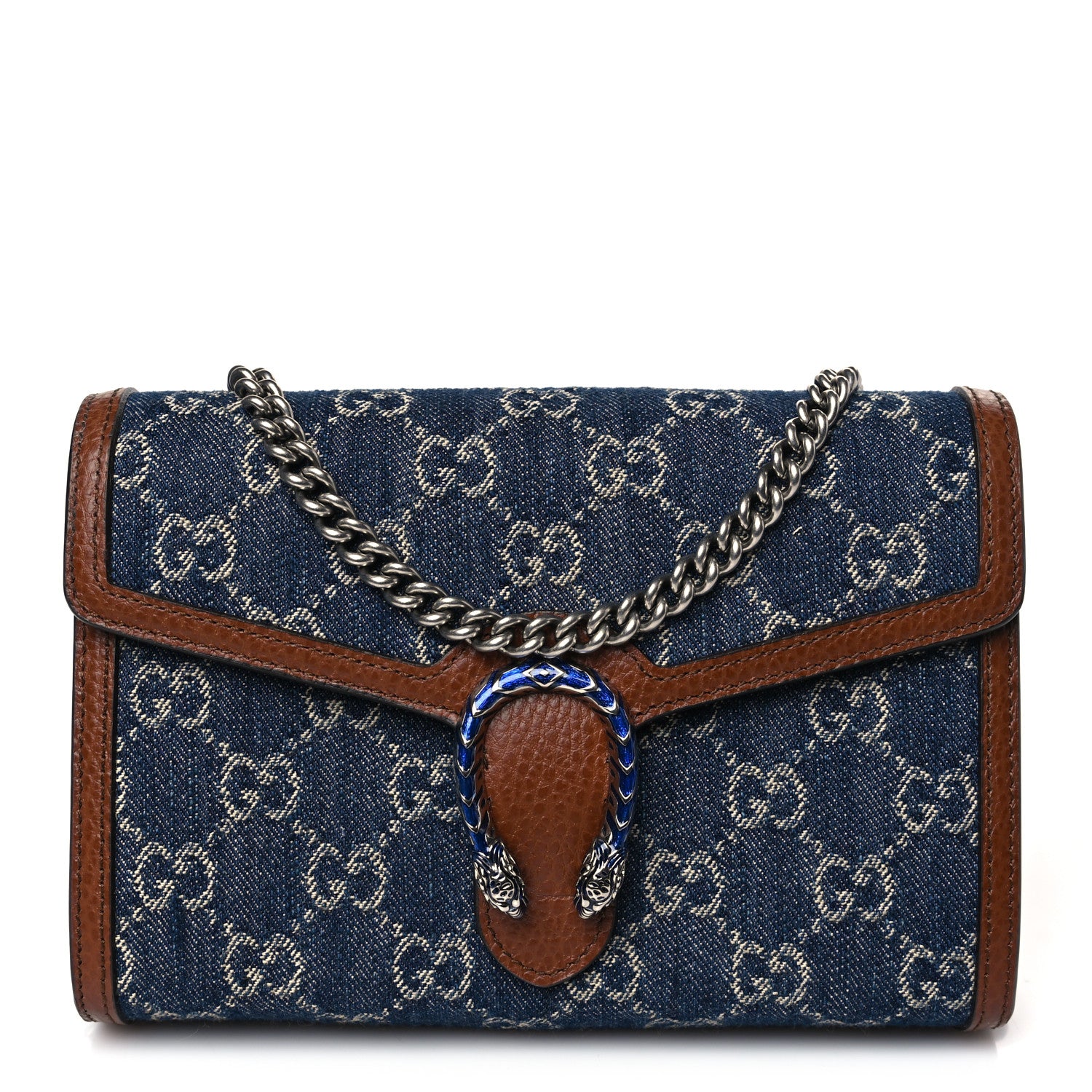 Gucci New Denim GG Monogram Dollar Calfskin Enamel Mini Dionysus Chain Wallet Blue Tea Cuir Epilog Electric Blue 1 of 9