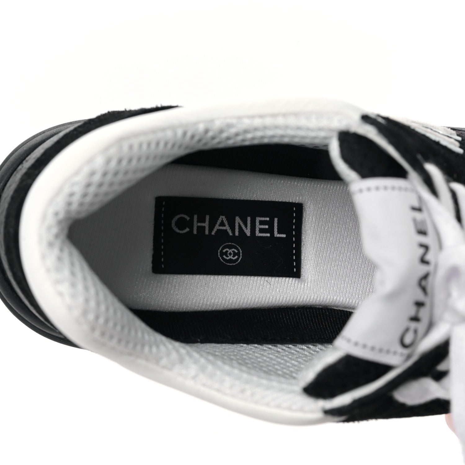 Chanel Mesh Suede Grained Calfskin Womens CC Sneakers 38.5 Black White 7 of 9