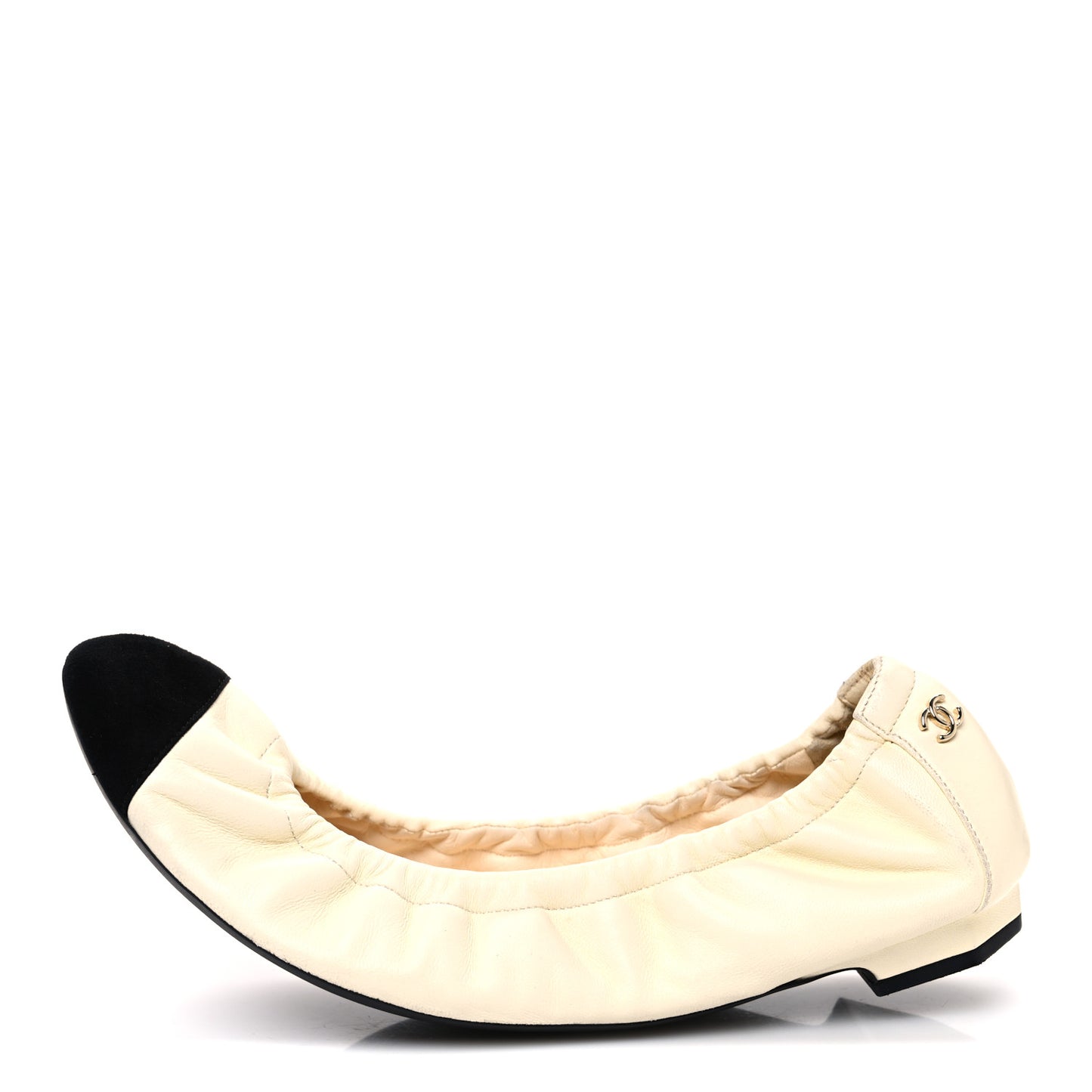 Lambskin Suede CC Elastic Cap Toe Ballerina Flats 39.5 Beige Black