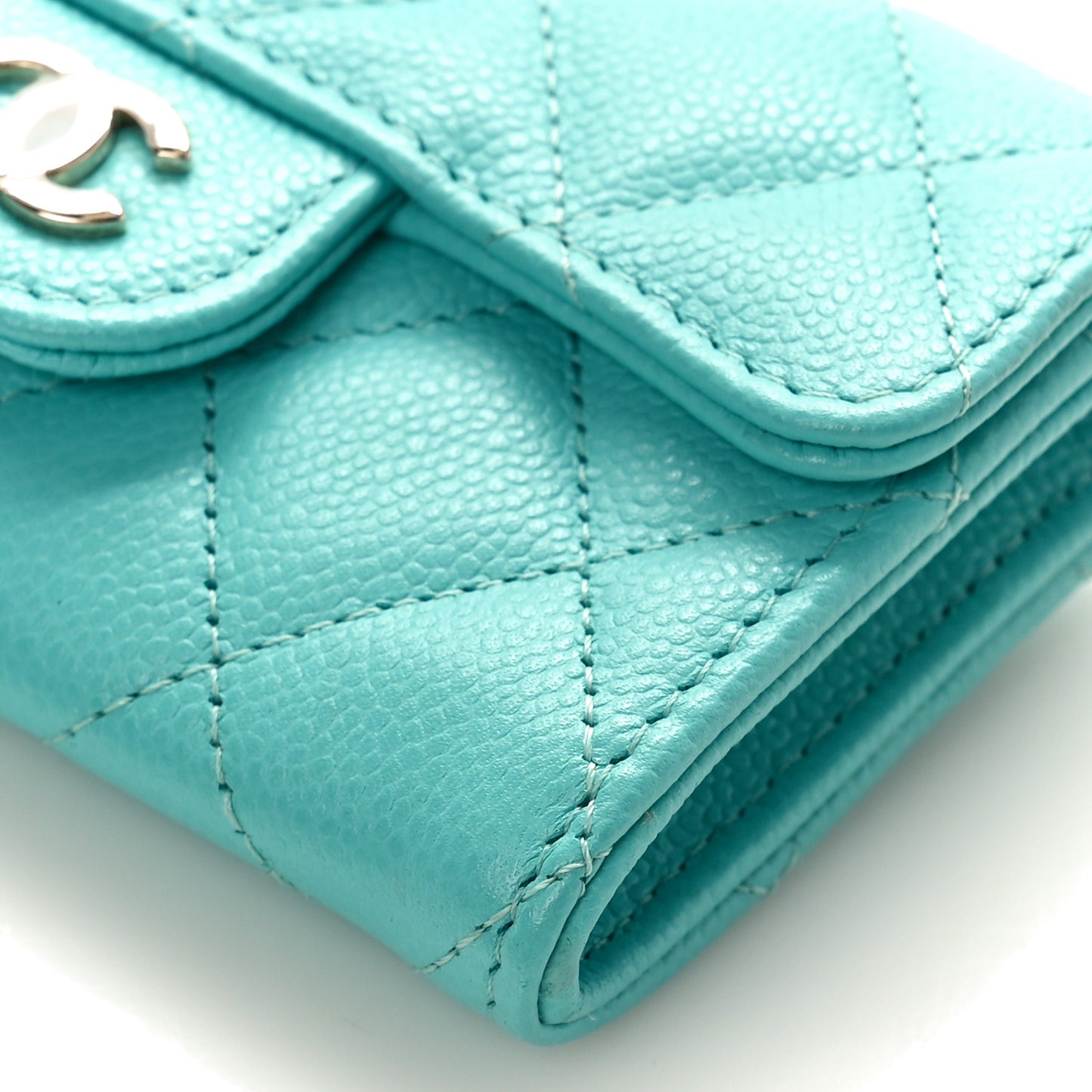 Caviar Quilted Flap Card Holder Wallet Turquoise