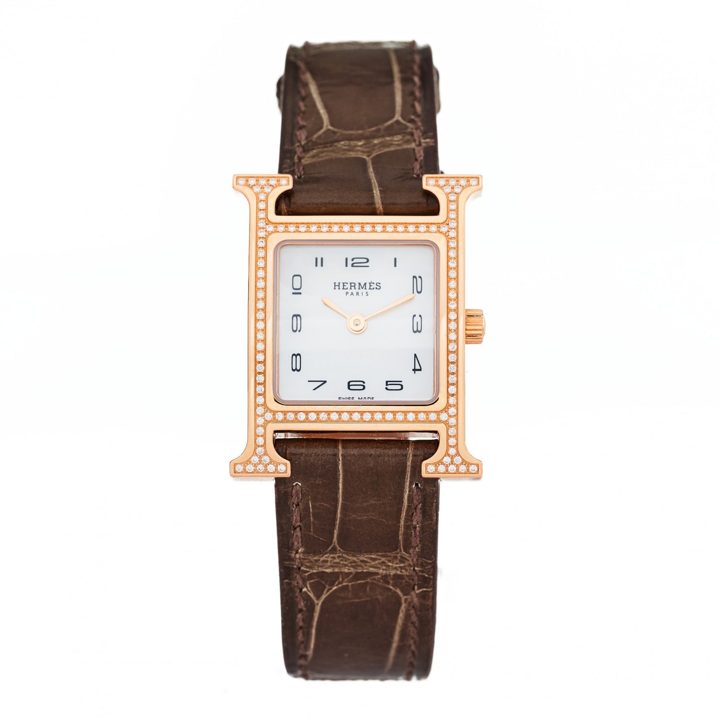 18K Rose Gold Alligator Diamond Bezel Mother of Pearl 21mm Heure H Hour Quartz Watch Gris Elephant
