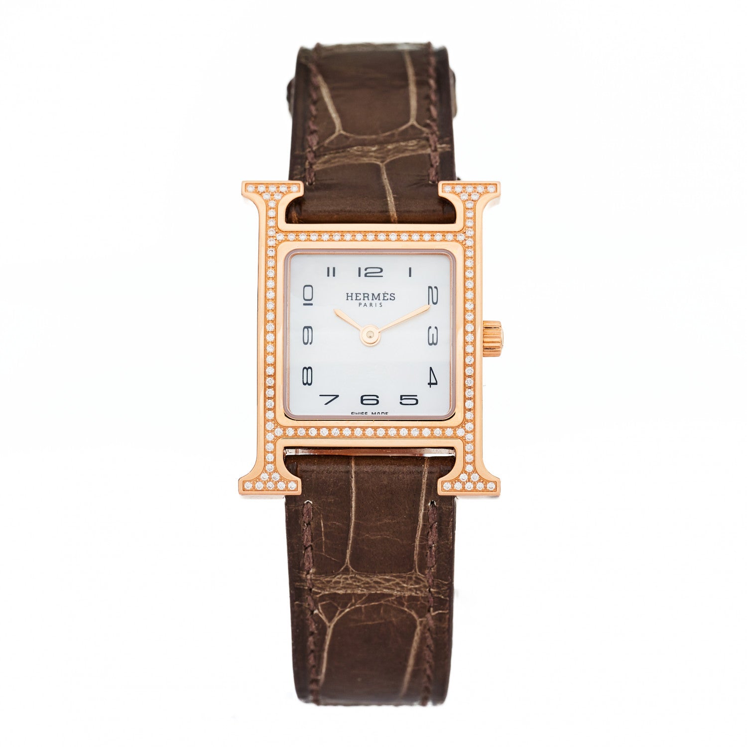 Hermes 18K Rose Gold Alligator Diamond Bezel Mother of Pearl 21mm Heure H Hour Quartz Watch Gris Elephant 1 of 5
