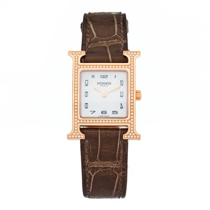 Hermes 18K Rose Gold Alligator Diamond Bezel Mother of Pearl 21mm Heure H Hour Quartz Watch Gris Elephant 1 of 5