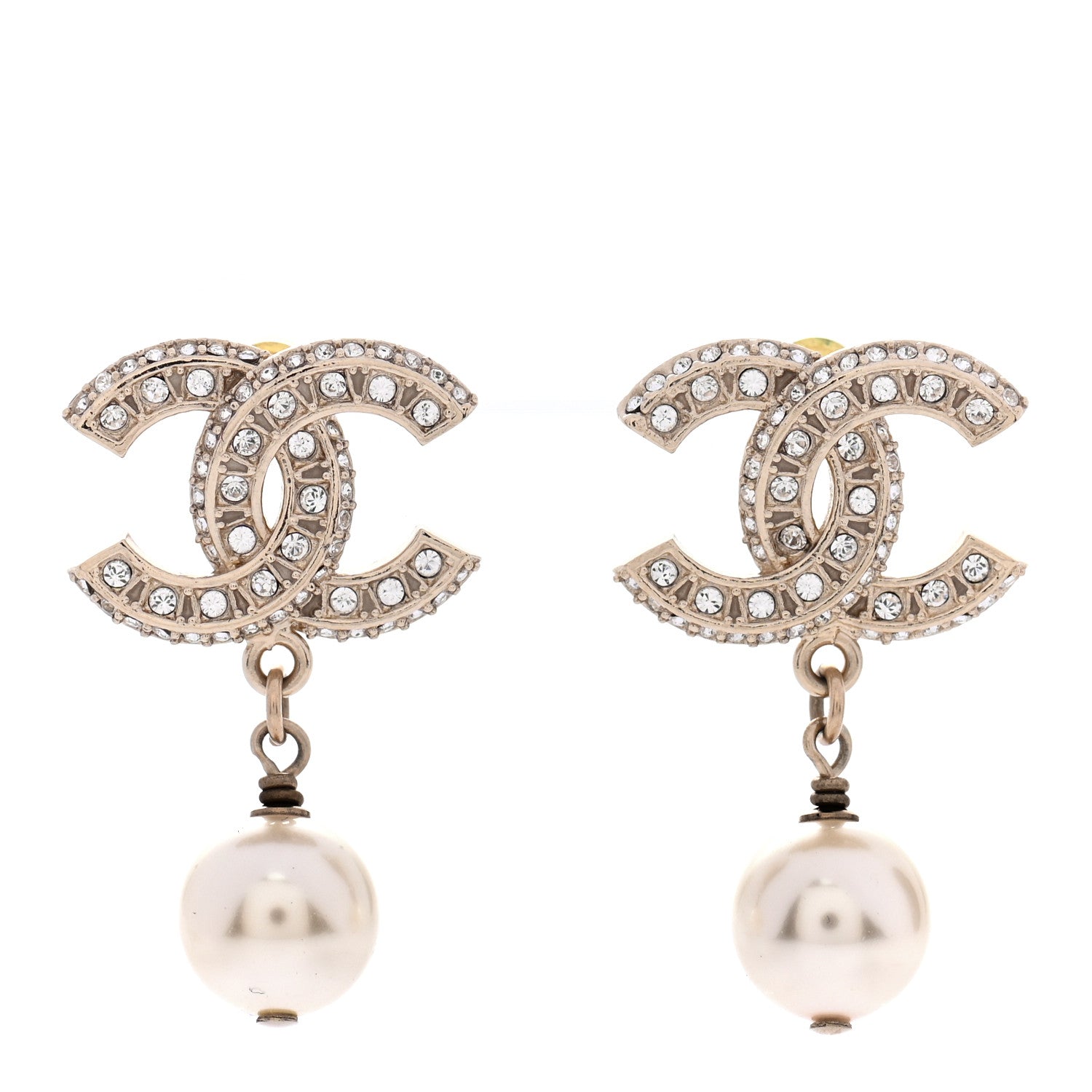 Chanel Crystal Pearl CC Drop Earrings Gold 1 of 4