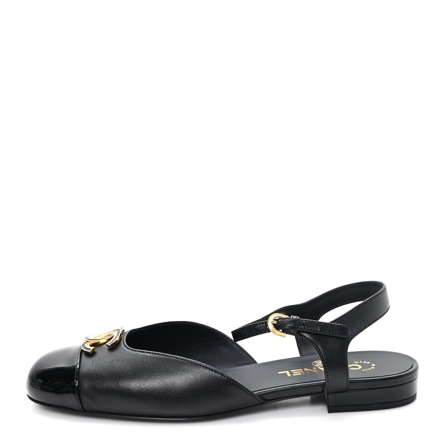 Chanel Lambskin Patent Cap Toe Crystal Enamel CC Mary Jane Slingback Flats 39.5 Black 1 of 10