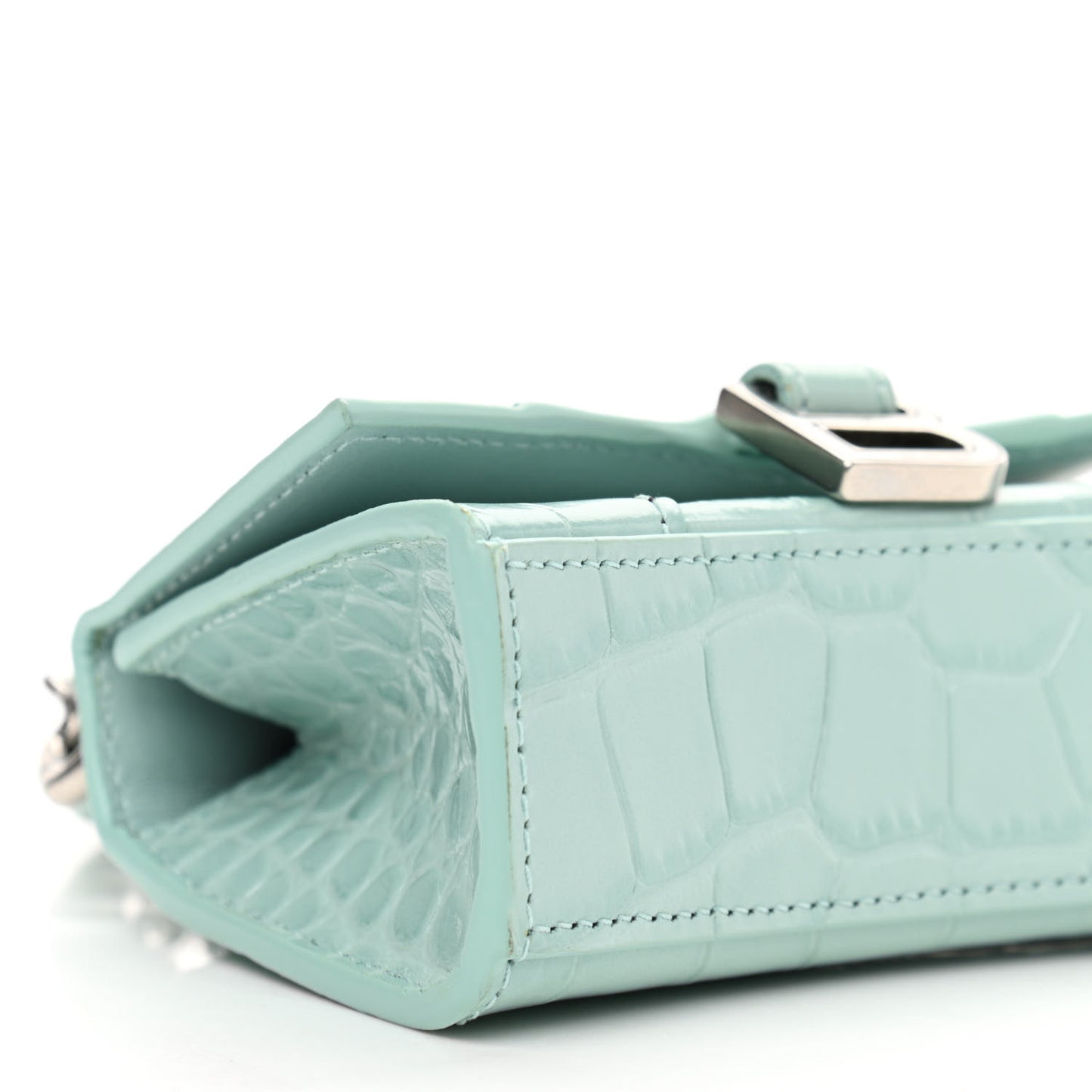 Shiny Calfskin Crocodile Embossed Hourglass Top Handle Bag Mini with Chain Green Acqua