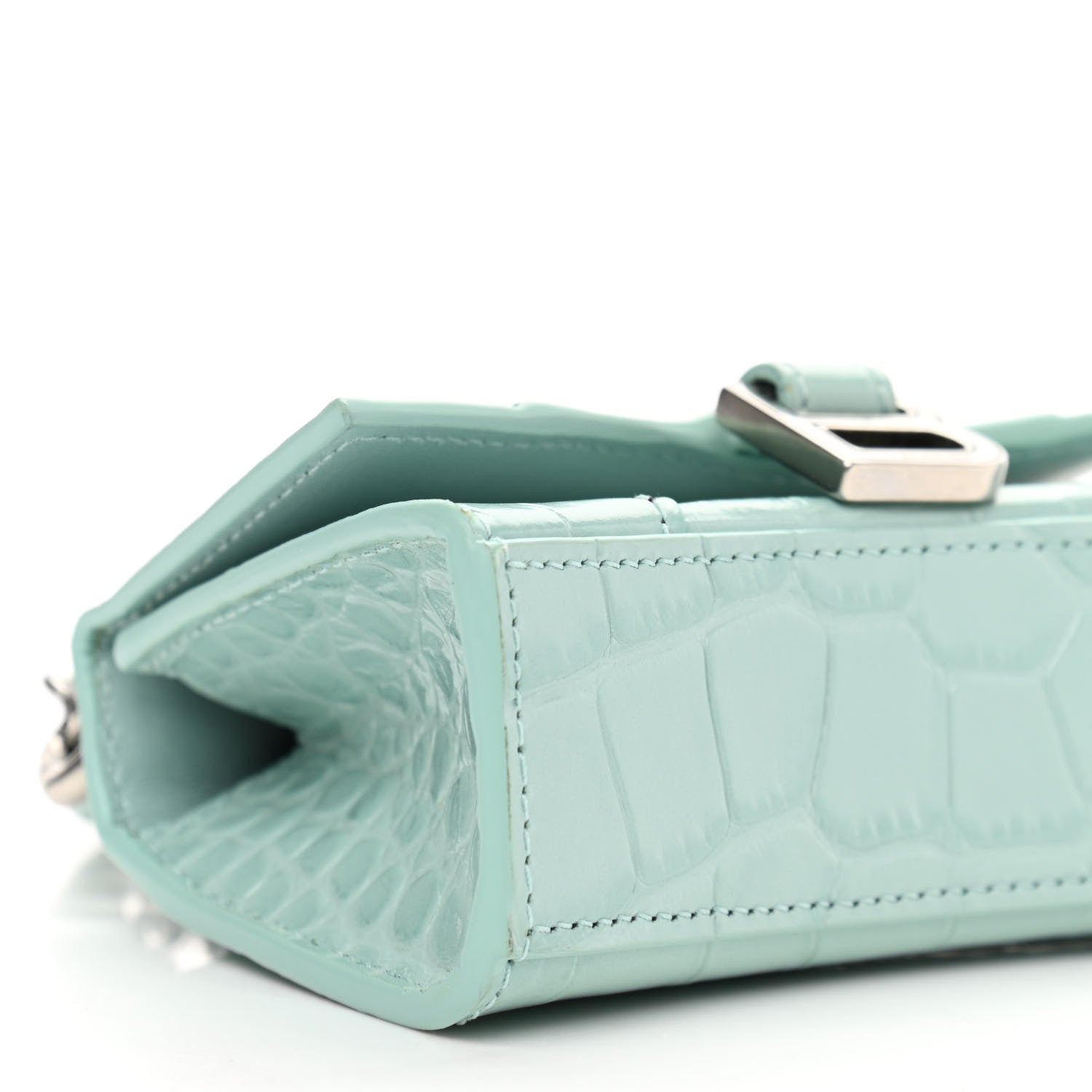 Balenciaga Shiny Calfskin Crocodile Embossed Hourglass Top Handle Bag Mini with Chain Green Acqua 9 of 10