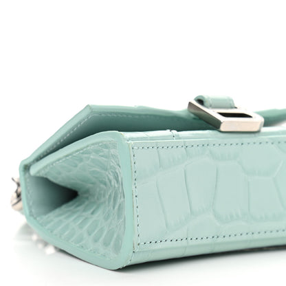 Balenciaga Shiny Calfskin Crocodile Embossed Hourglass Top Handle Bag Mini with Chain Green Acqua 9 of 10