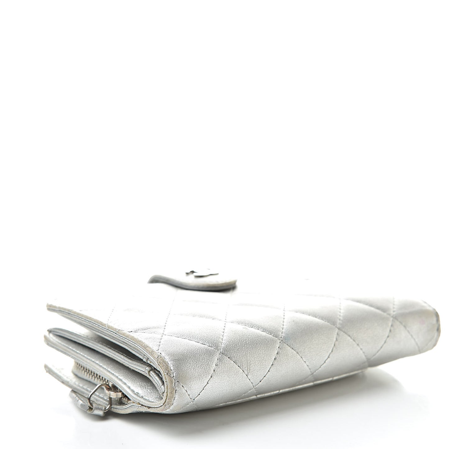 Metallic Lambskin Quilted Zipped Pocket Wallet Silver