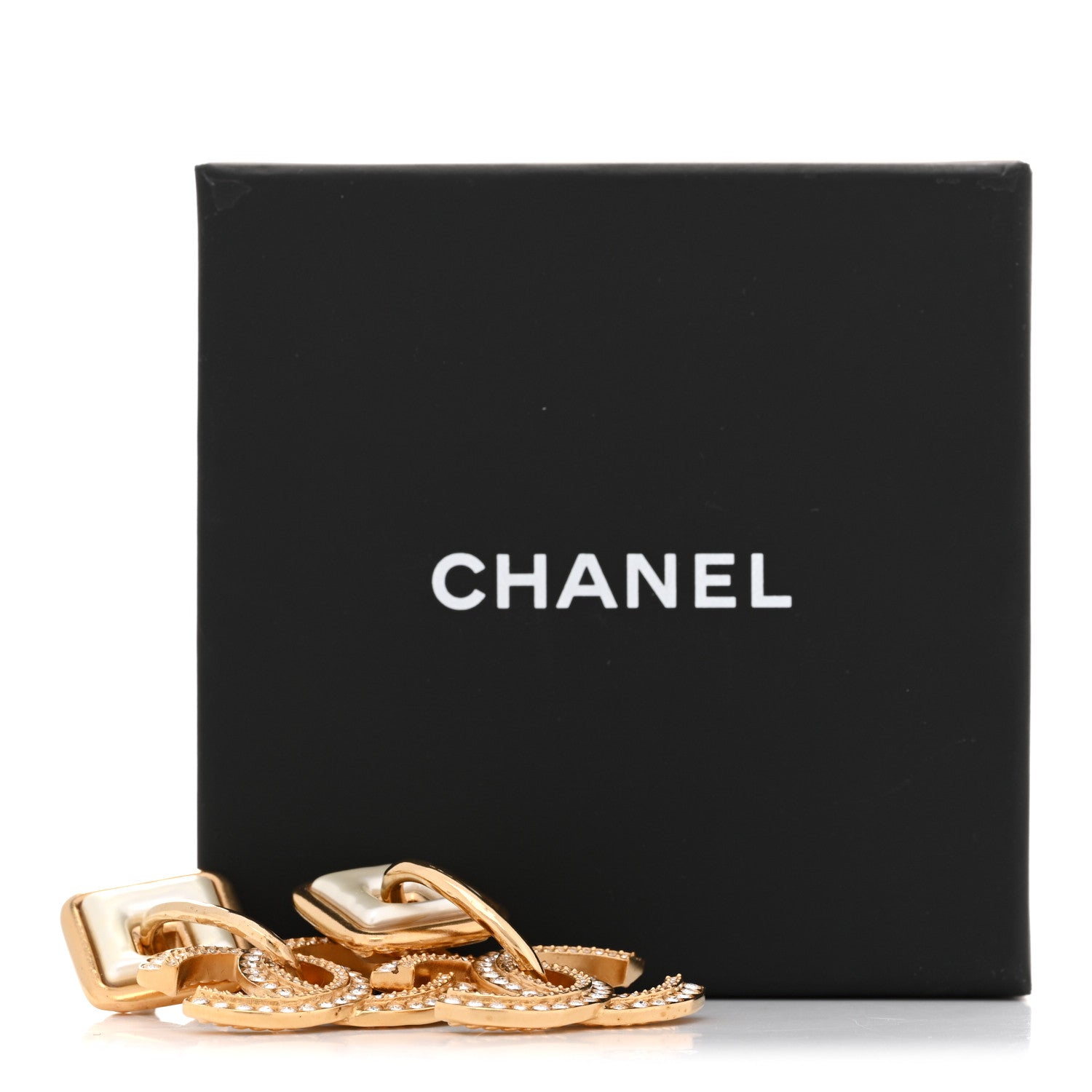 Chanel Crystal Pearl CC Square Drop Earrings Gold Pearly White 5 of 5