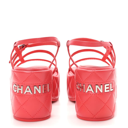Chanel Calfskin Quilted Wedge Logo Sandals 37 Red 7 of 10