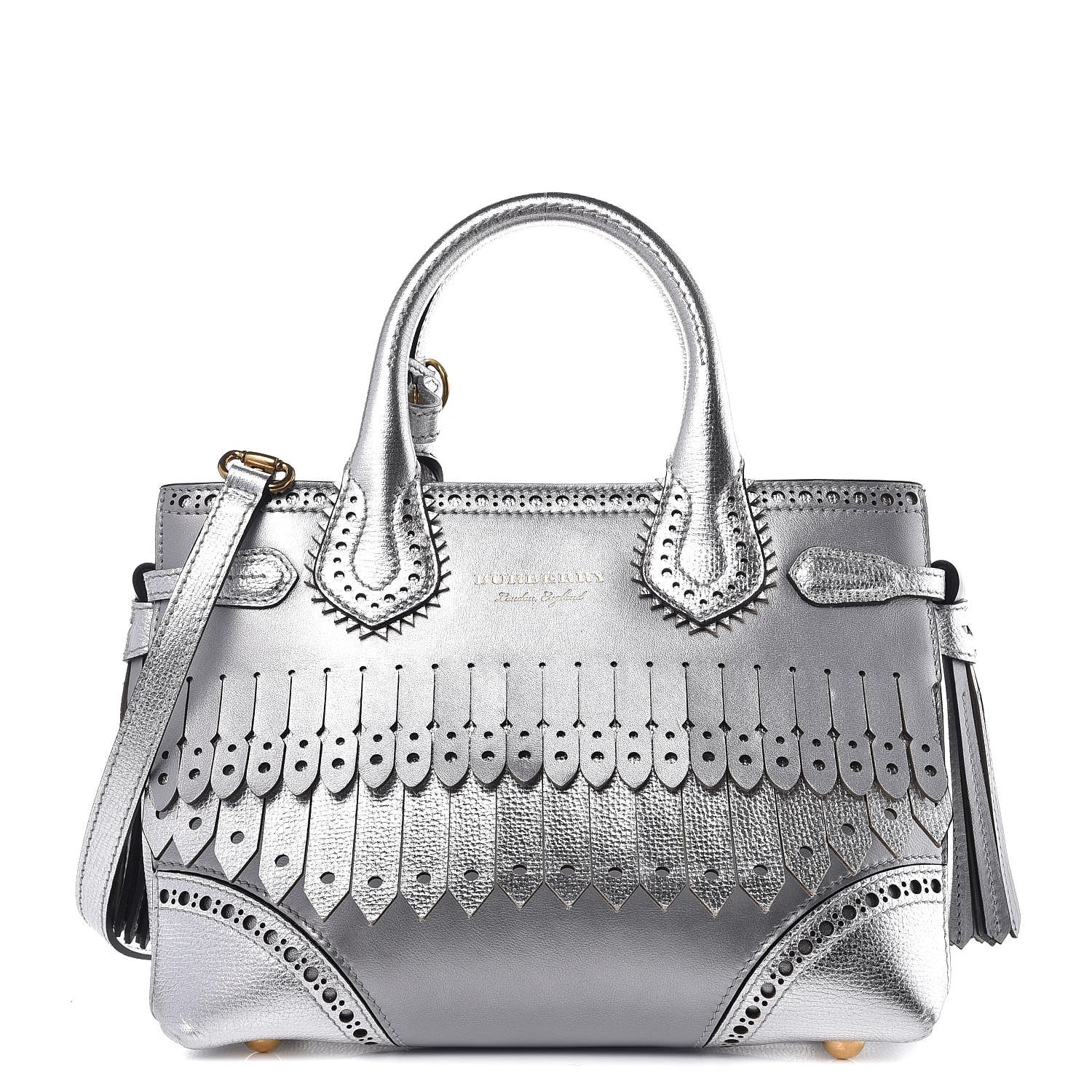 Burberry Metallic Calfskin Broguing Small Banner Tote Silver 1 of 8