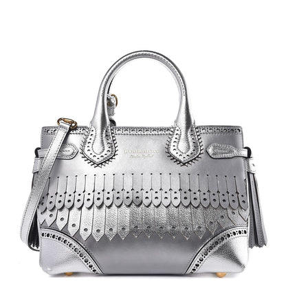 Burberry Metallic Calfskin Broguing Small Banner Tote Silver 1 of 8