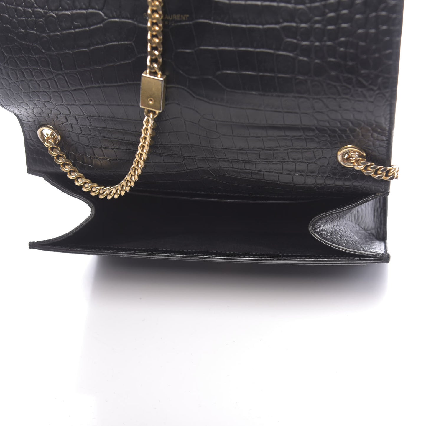 Calfskin Crocodile Embossed Medium Classic Monogram Kate Tassel Satchel Black