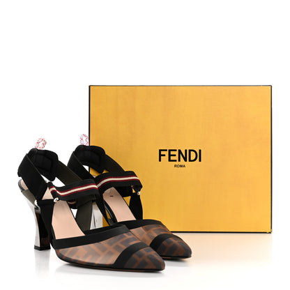 Fendi Technical Mesh FF Colibri 85mm Slingback Pumps 40 Tobacco Moro Bordeaux Black Militare 11 of 11