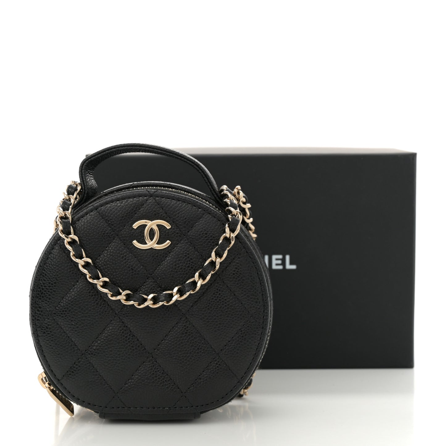 Caviar Quilted Round Handle With Care Vanity With Chain Black