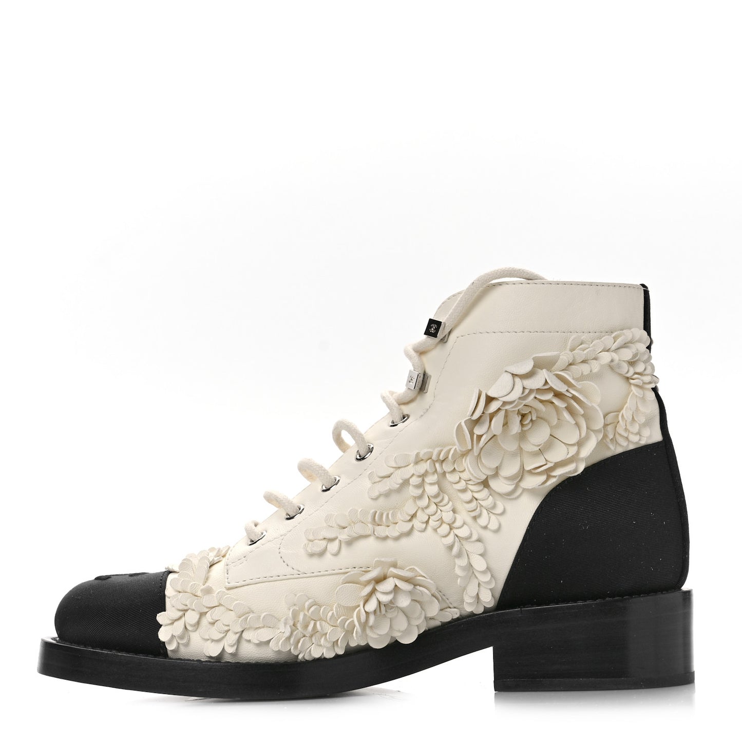 Embroidered Lambskin Grosgrain Lace Up Boots 37 White Black