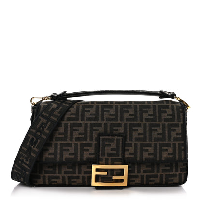 Fendi Fabric Jacquard FF 1974 Large Baguette Tobacco Moro Black 1 of 8