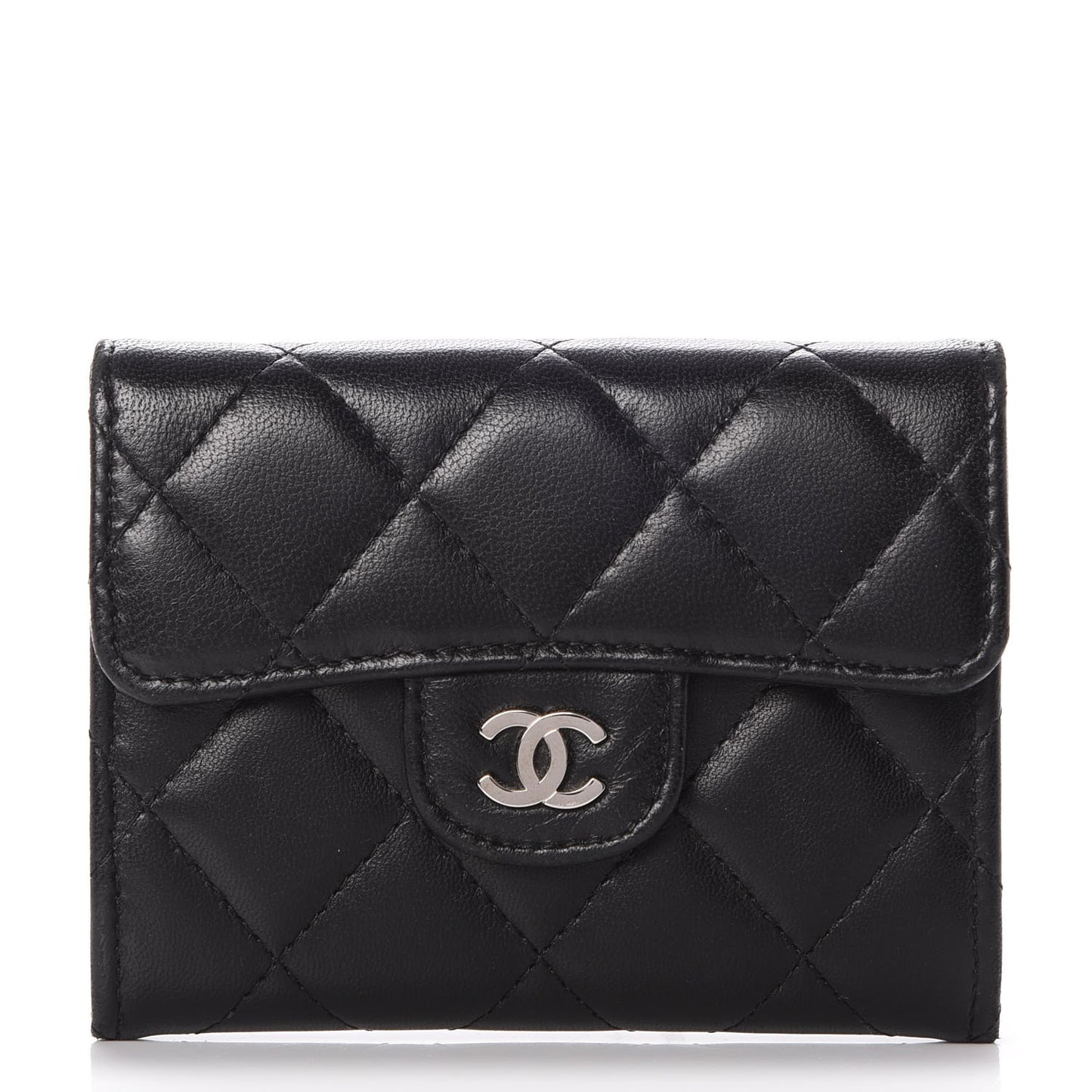 Lambskin Quilted Flap Card Holder Wallet Black