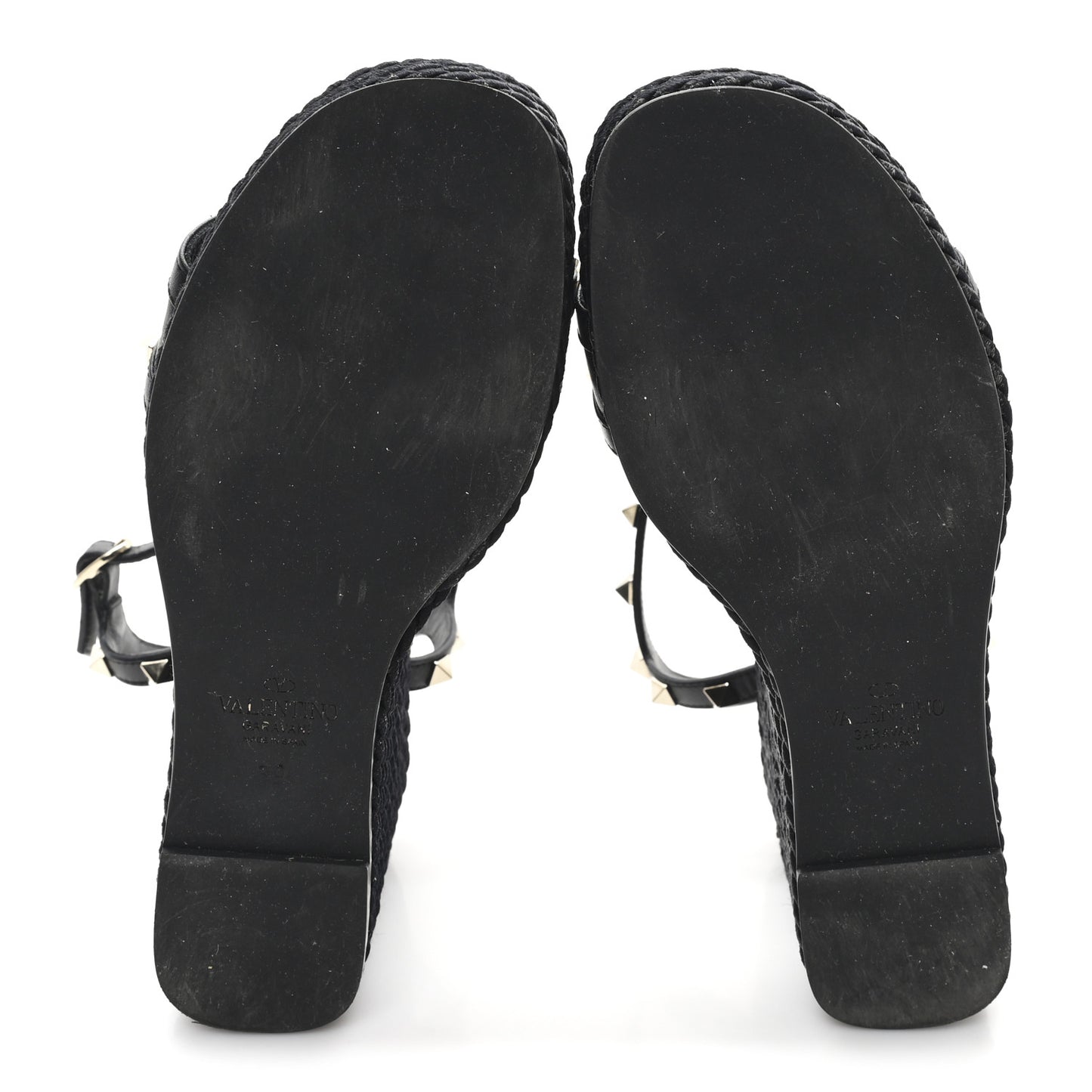 Calfskin Rockstud Ankle Strap Torchon Espadrille Caged 25/95mm Wedge Sandals 39 Black