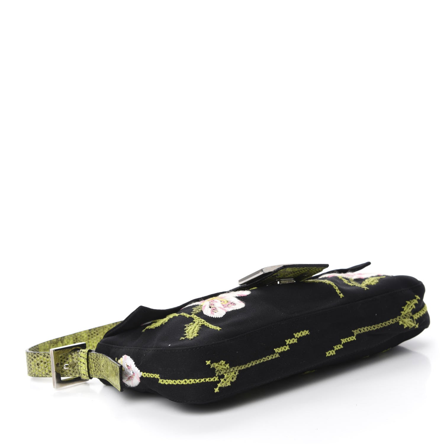 Fendi Canvas Lizard Embroidered Flower Baguette Black Multicolor 4 of 12
