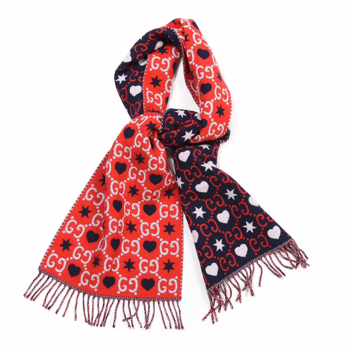 Wool Jacquard GG Monogram Hearts Scarf Red Blue