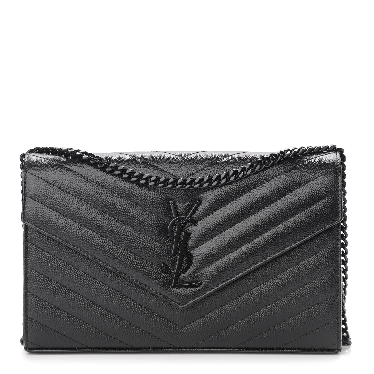 Saint Laurent Grain De Poudre Matelasse Chevron Monogram Chain Wallet Black 1 of 13