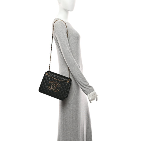Calfskin Quilted CC Chain Accordion Tote Black