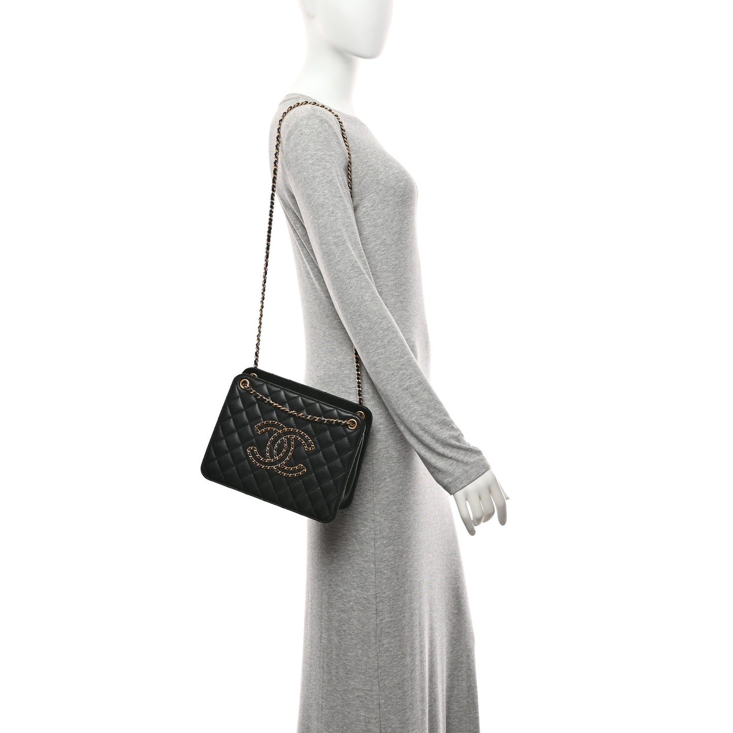 Calfskin Quilted CC Chain Accordion Tote Black