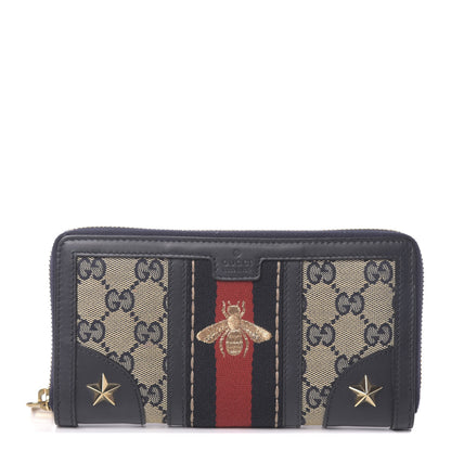 Gucci Monogram Web Rania Bee Star Zip Around Wallet Dark Blue 1 of 7