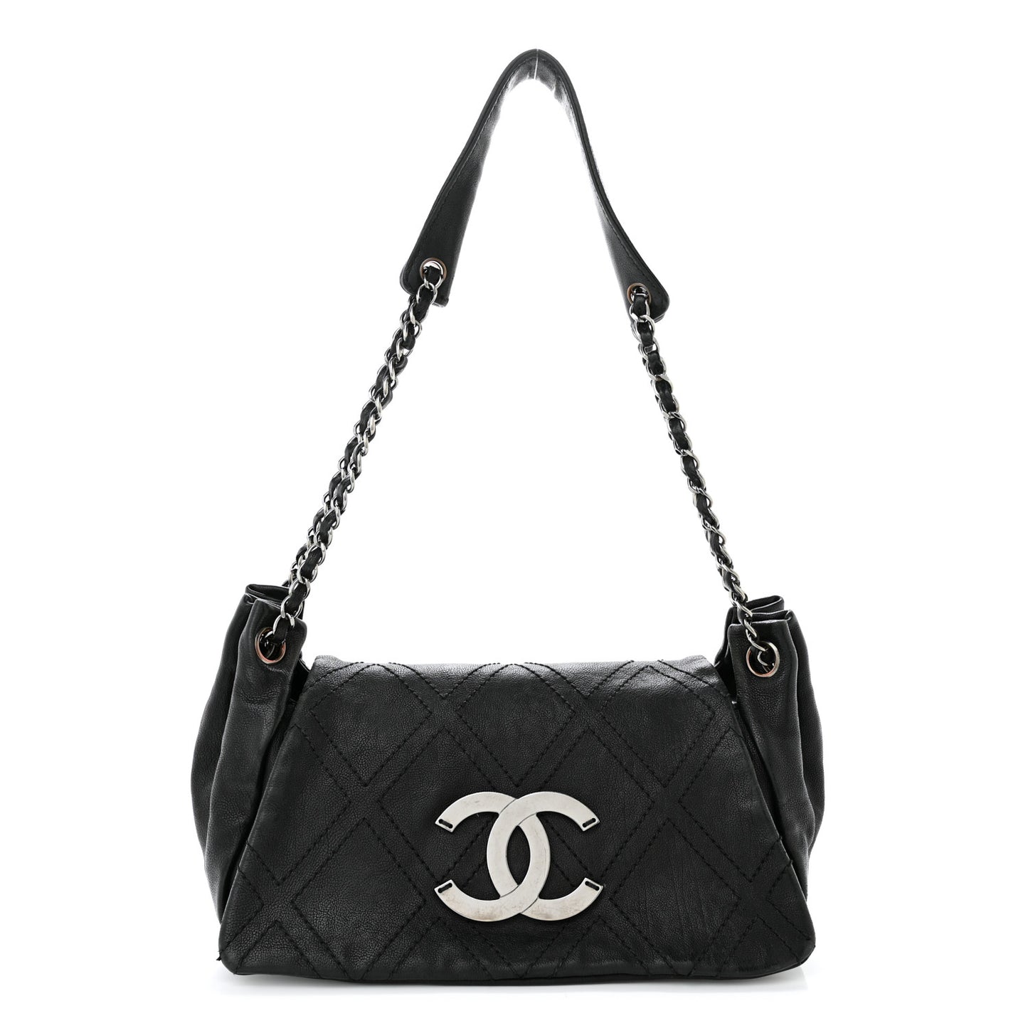 Calfskin Diamond Stitch Accordion Flap Black