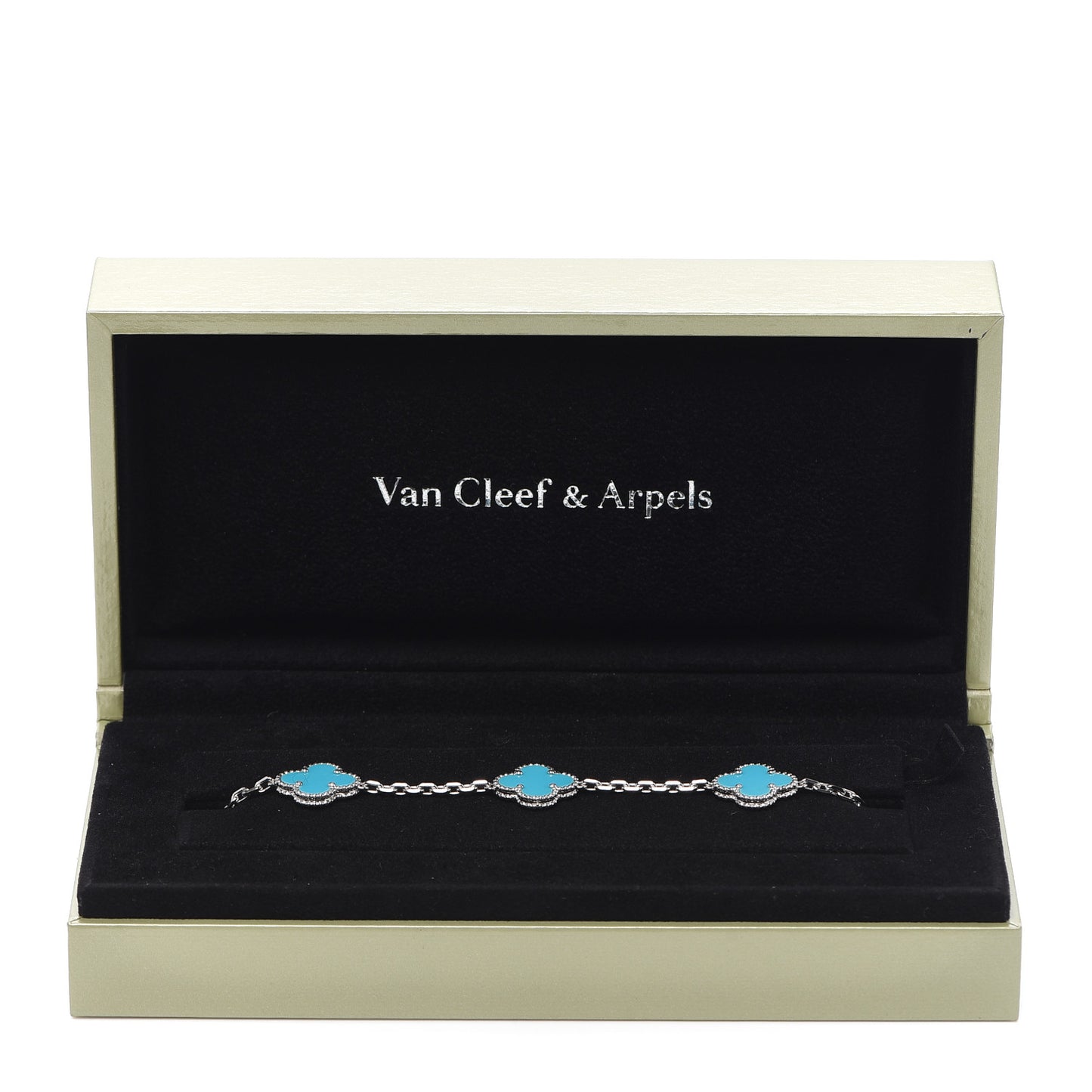 18K White Gold Turquoise 5 Motifs Vintage Alhambra Bracelet