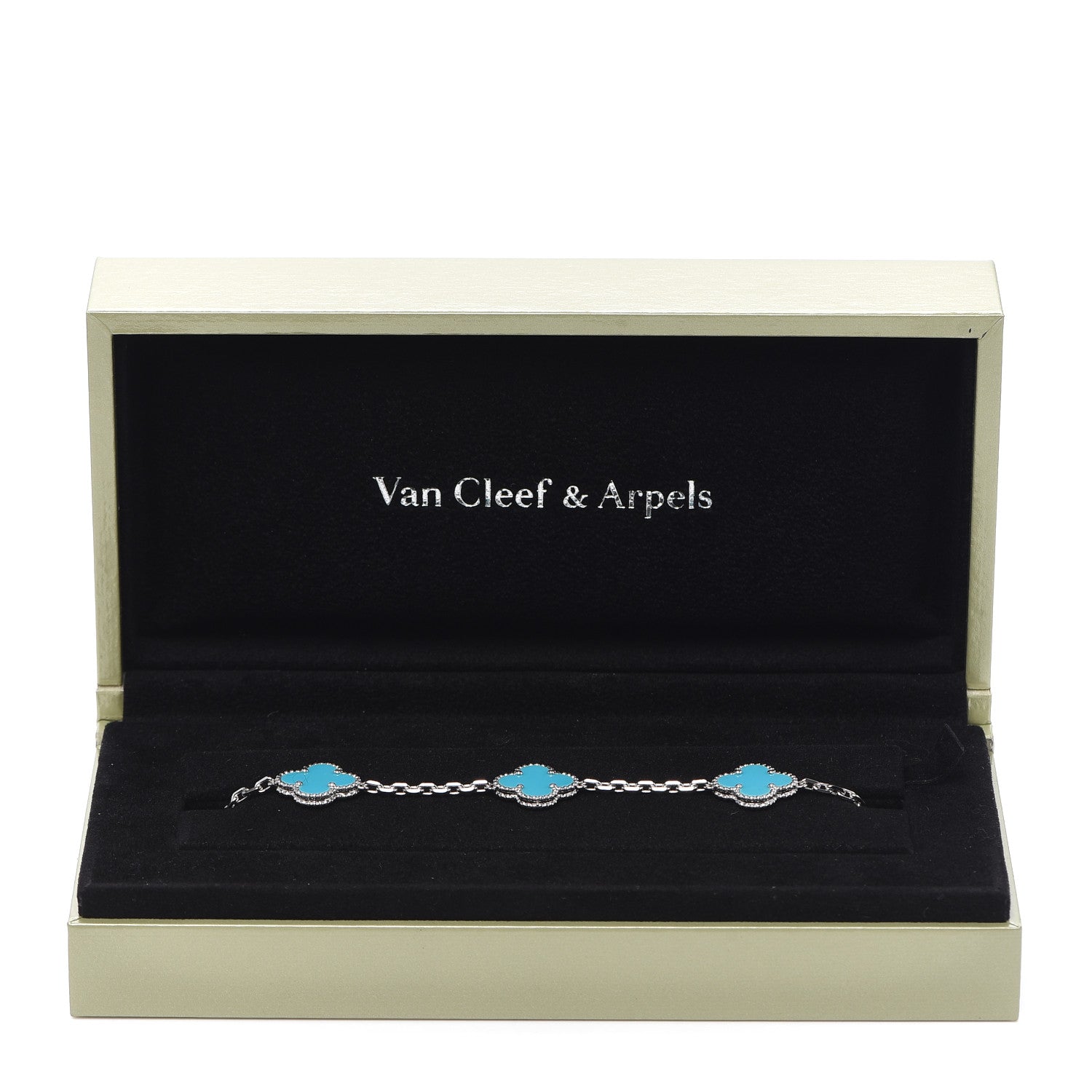 Van Cleef & Arpels 18K White Gold Turquoise 5 Motifs Vintage Alhambra Bracelet 5 of 5