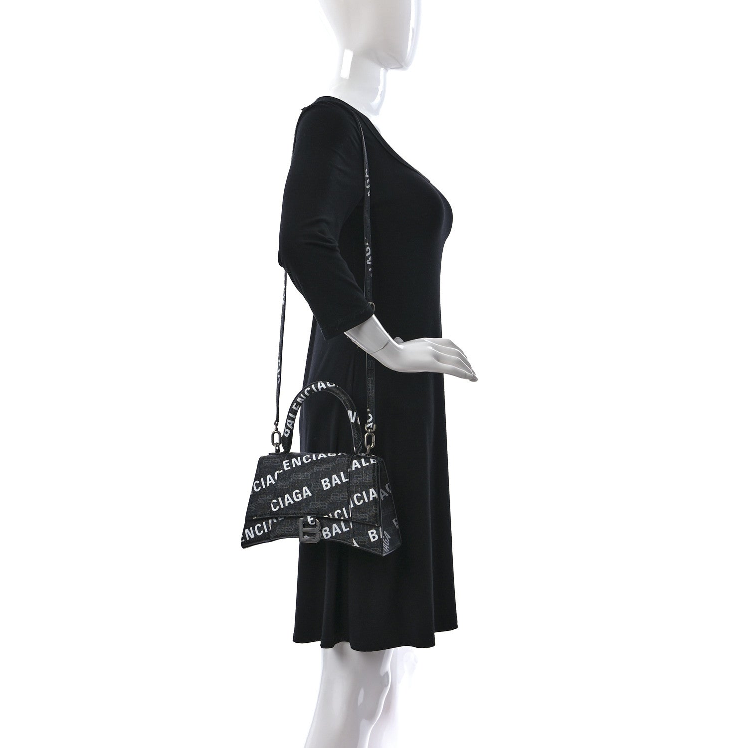 Balenciaga Coated Canvas BB Monogram Allover Logo Small Hourglass Top Handle Bag Black Grey White 3 of 8