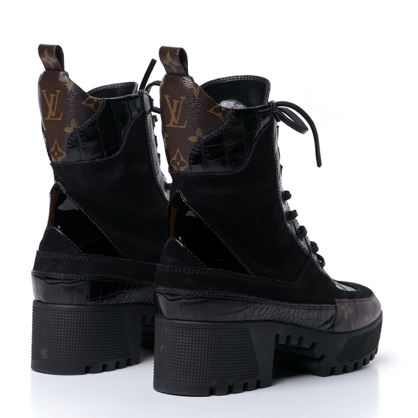 Suede Calfskin Crocodile Embossed Patent Monogram Laureate Platform Desert Boots 40 Black