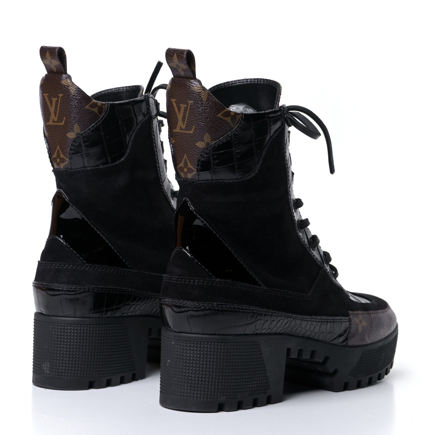 Louis Vuitton Suede Calfskin Crocodile Embossed Patent Monogram Laureate Platform Desert Boots 40 Black 5 of 18